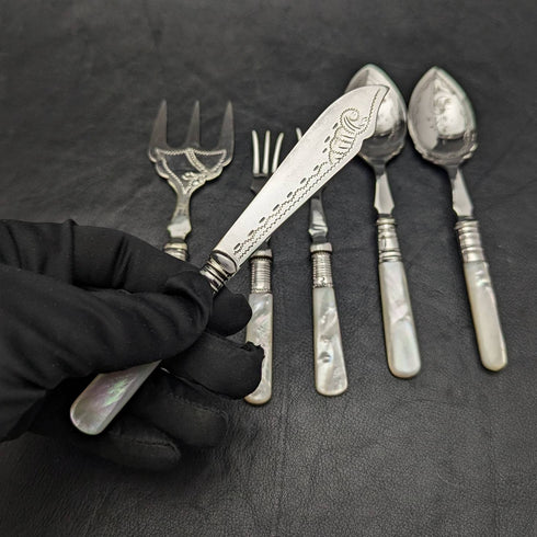 British vintage silver plate dessert cutlery set white butterfly shell handle